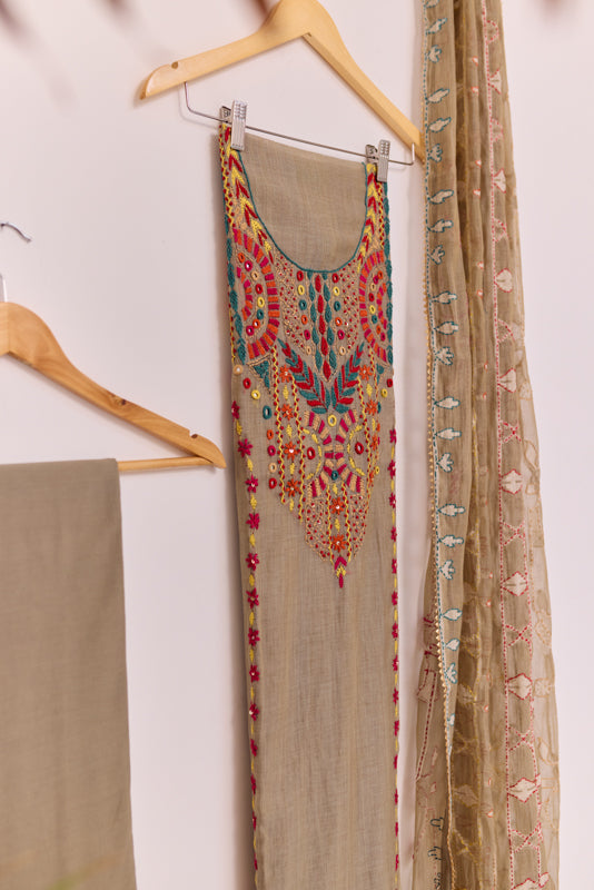 Jamdani Thread &amp; Mirror Hand Embroidered Yoke Unstitched Suit Set