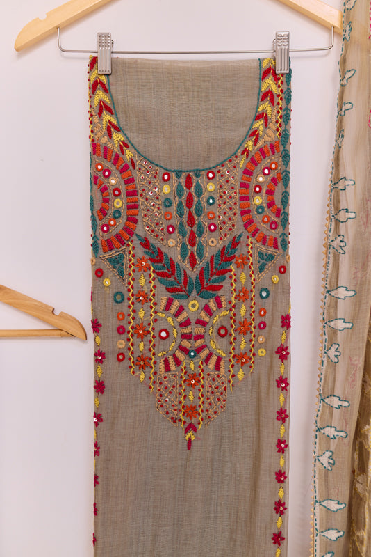 Jamdani Thread &amp; Mirror Hand Embroidered Yoke Unstitched Suit Set
