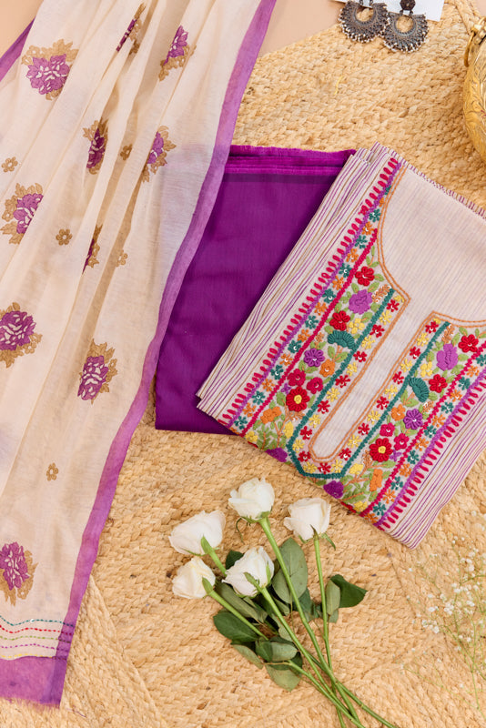 Block Print Multi Resham Hand Embroidered Yoke Unstitched Suit Set