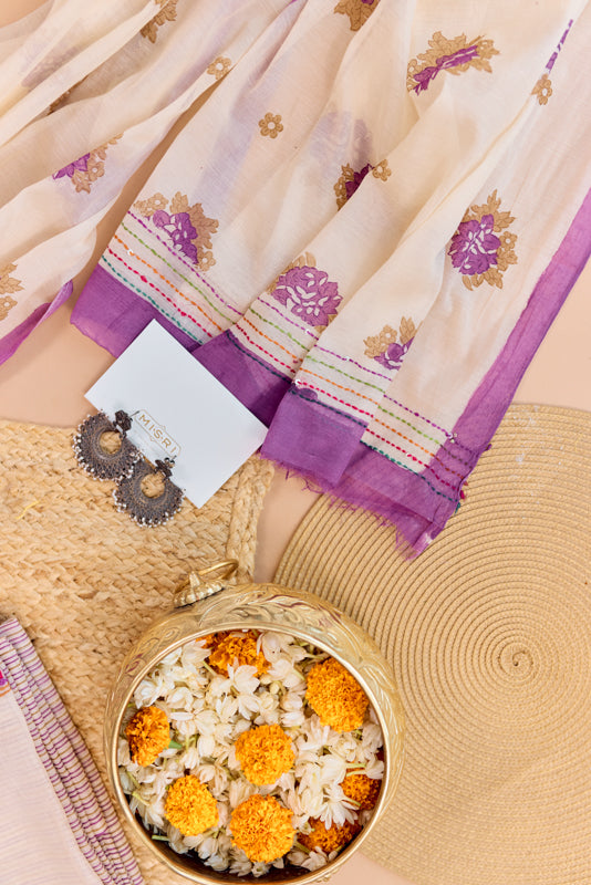 Block Print Multi Resham Hand Embroidered Yoke Unstitched Suit Set