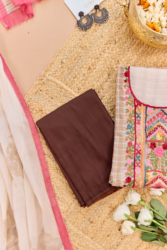 Block Print Multi Resham Hand Embroidered Yoke Unstitched Suit Set
