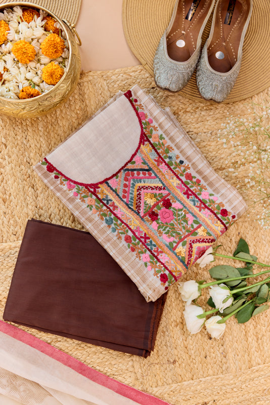 Block Print Multi Resham Hand Embroidered Yoke Unstitched Suit Set