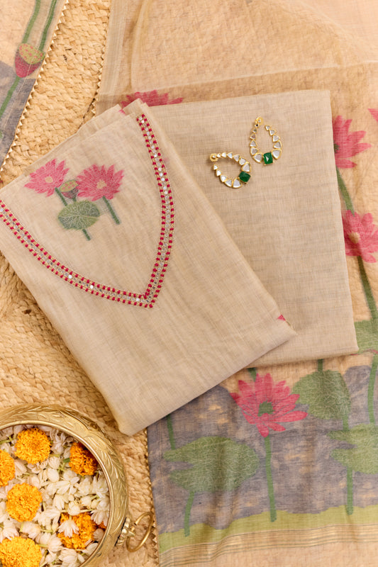 Jamdani Weaving Resham and Sequin Neck Unstitched Suit Set