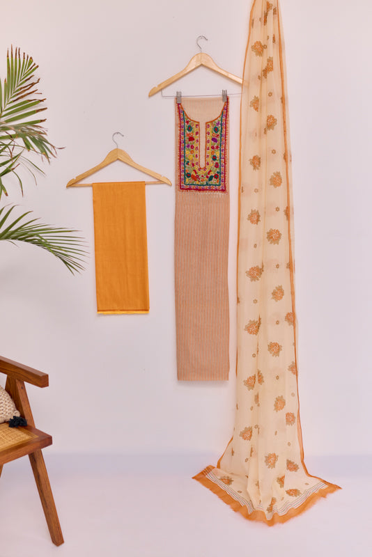 Block Print Multi Resham Hand Embroidered Yoke Unstitched Suit Set