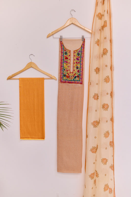 Block Print Multi Resham Hand Embroidered Yoke Unstitched Suit Set