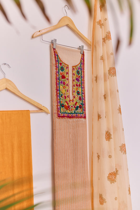Block Print Multi Resham Hand Embroidered Yoke Unstitched Suit Set
