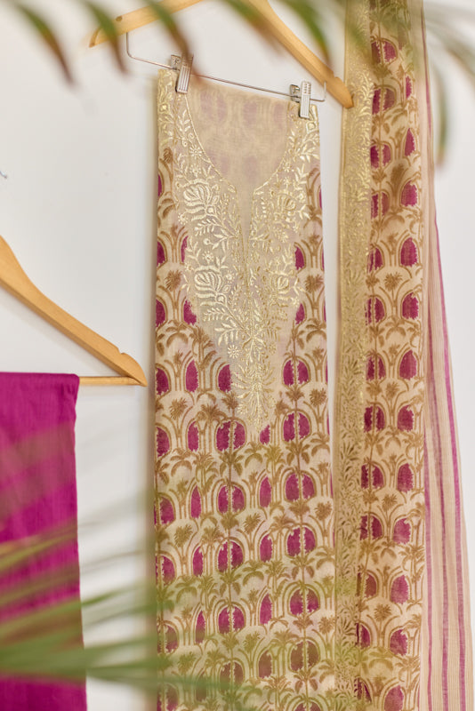 Block Print Foil Embroidery Unstitched Suit Set
