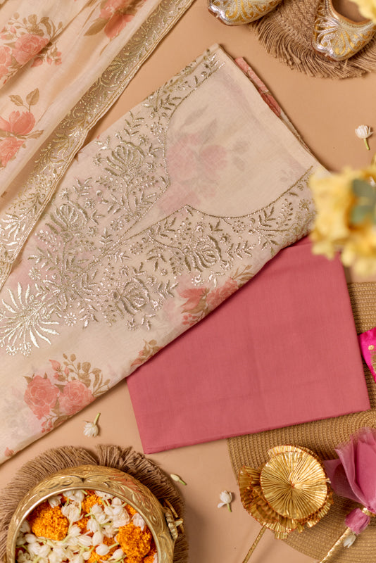 Block Print Foil Embroidery Unstitched Suit Set