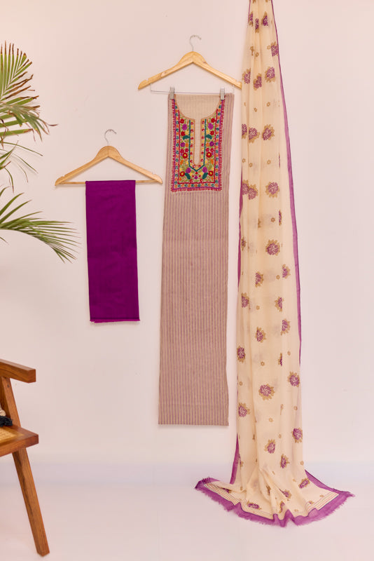 Block Print Multi Resham Hand Embroidered Yoke Unstitched Suit Set