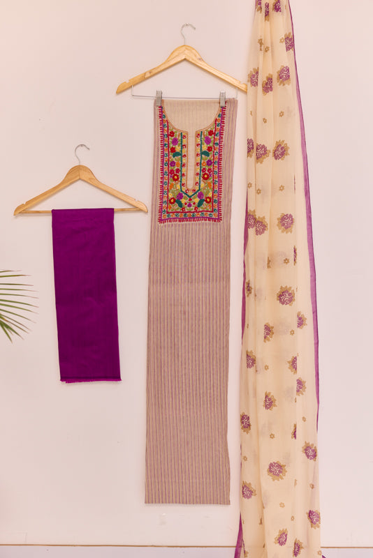 Block Print Multi Resham Hand Embroidered Yoke Unstitched Suit Set