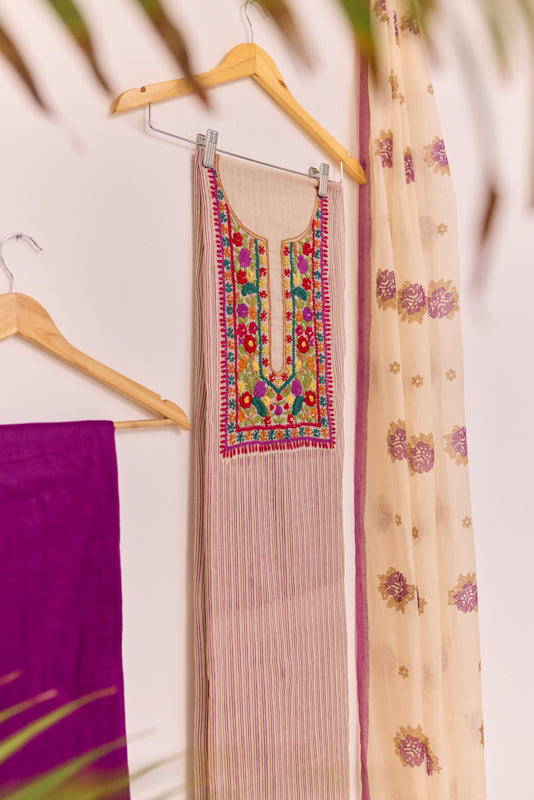 Block Print Multi Resham Hand Embroidered Yoke Unstitched Suit Set