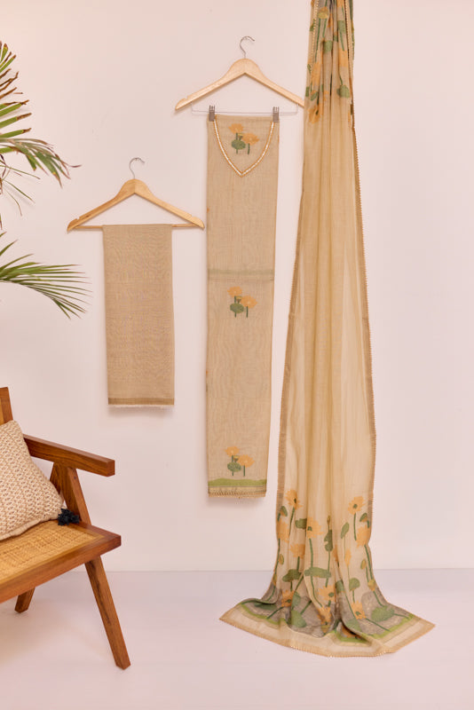 Jamdani Weaving Resham and Sequin Neck Unstitched Suit Set