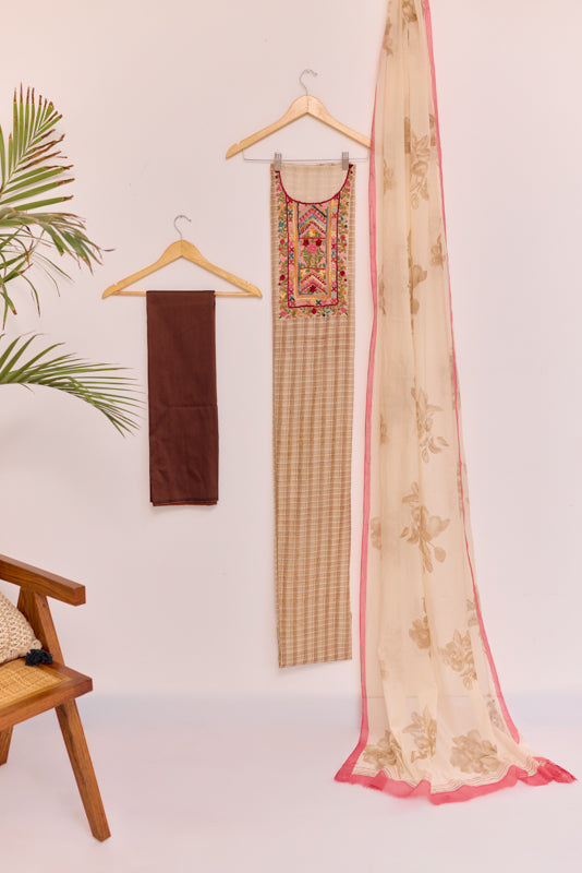 Block Print Multi Resham Hand Embroidered Yoke Unstitched Suit Set