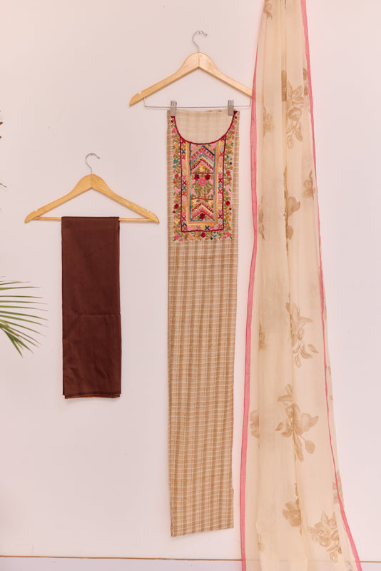 Block Print Multi Resham Hand Embroidered Yoke Unstitched Suit Set