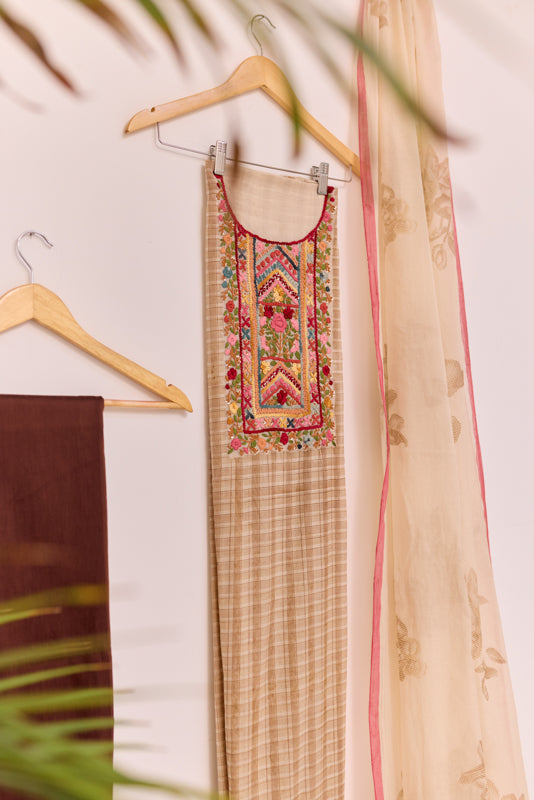 Block Print Multi Resham Hand Embroidered Yoke Unstitched Suit Set