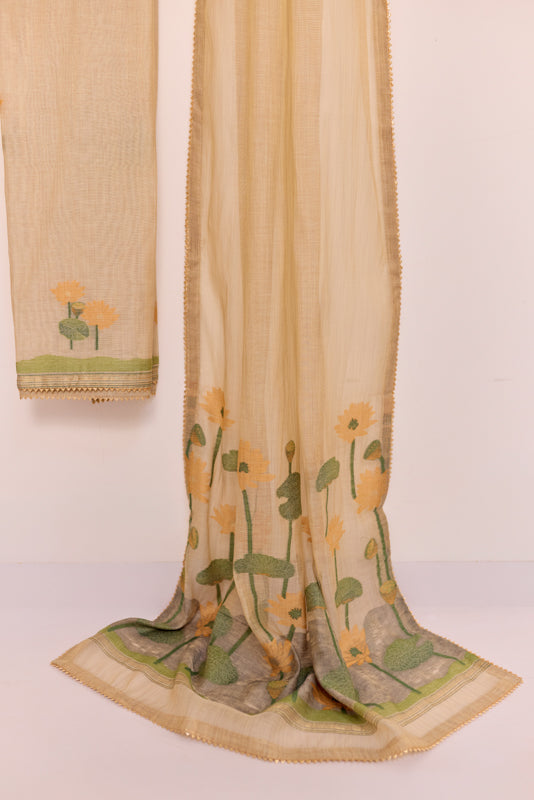 Jamdani Weaving Resham and Sequin Neck Unstitched Suit Set