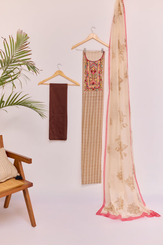 Block Print Multi Resham Hand Embroidered Yoke Unstitched Suit Set