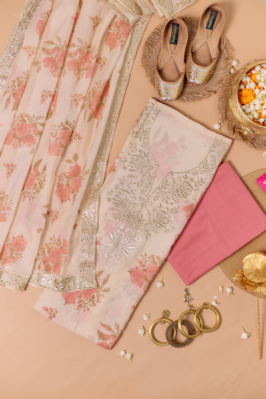 Block Print Foil Embroidery Unstitched Suit Set