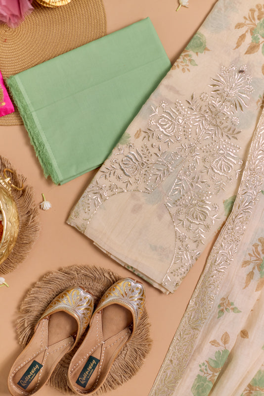 Block Print Foil Embroidery Unstitched Suit Set