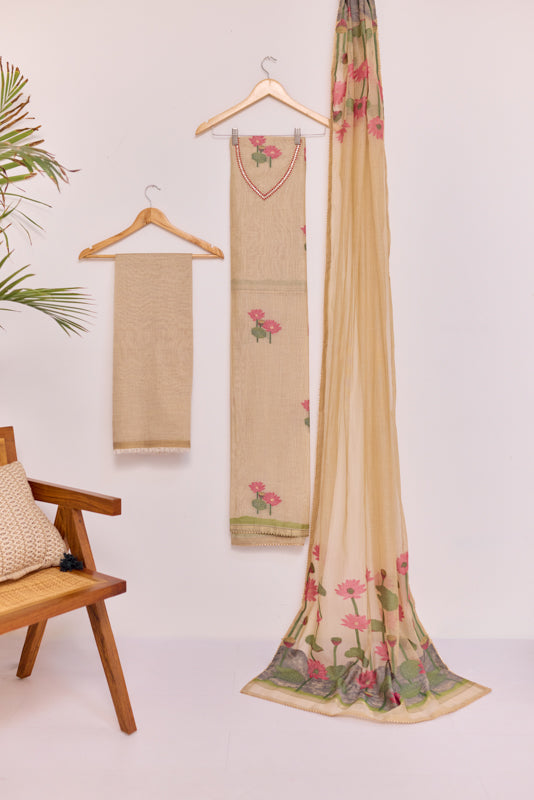 Jamdani Weaving Resham and Sequin Neck Unstitched Suit Set