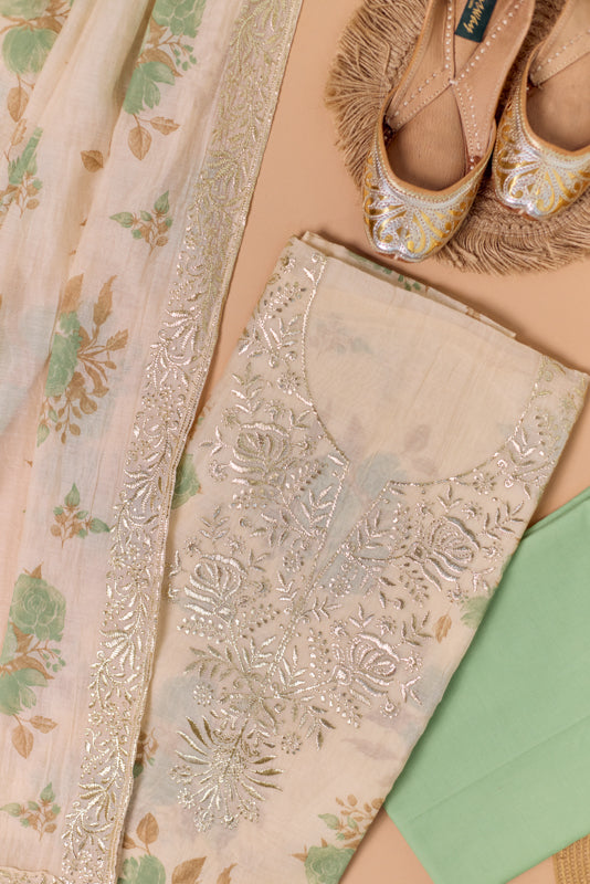 Block Print Foil Embroidery Unstitched Suit Set