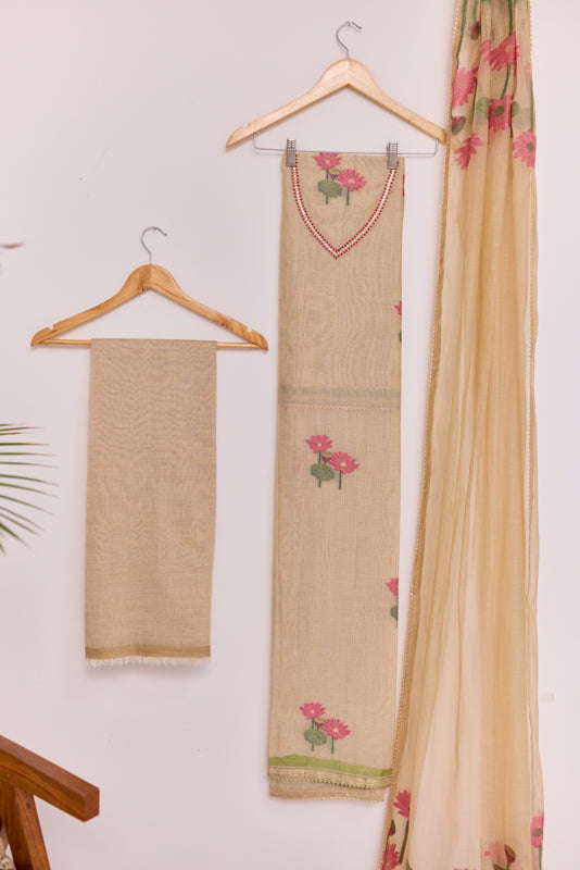 Jamdani Weaving Resham and Sequin Neck Unstitched Suit Set