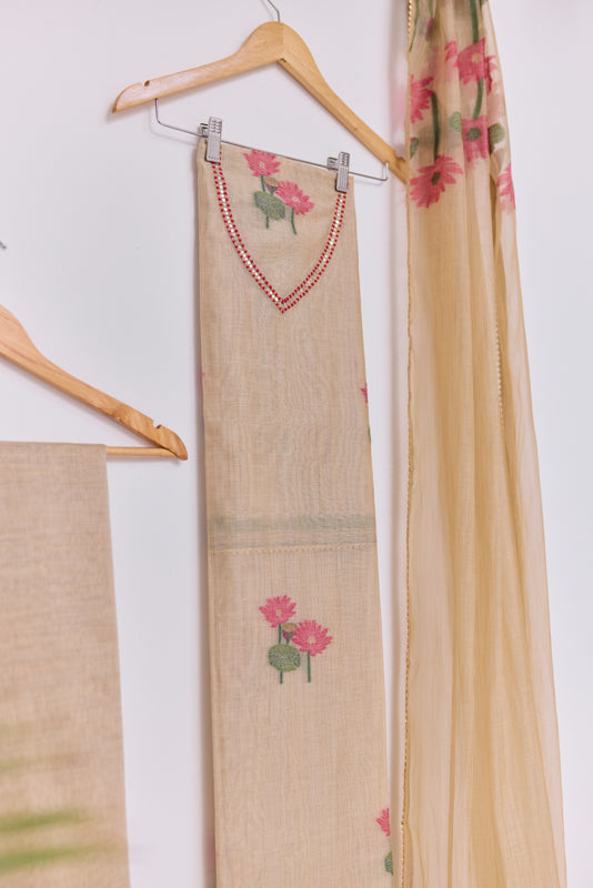 Jamdani Weaving Resham and Sequin Neck Unstitched Suit Set