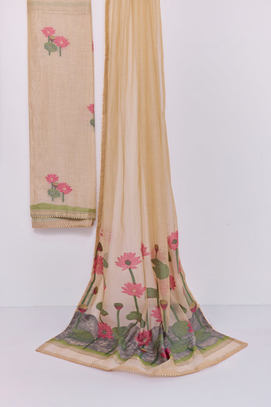 Jamdani Weaving Resham and Sequin Neck Unstitched Suit Set