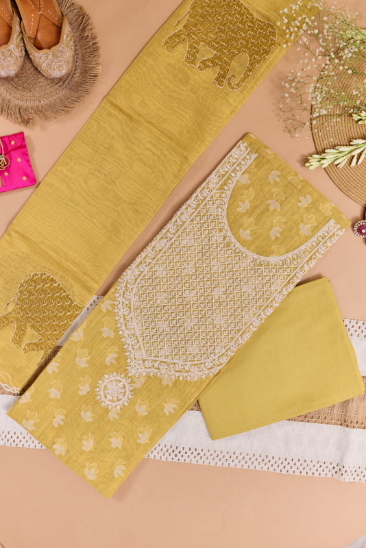 Jamdani Weaving Tikki Embroidered Yoke Unstitched Suit Set