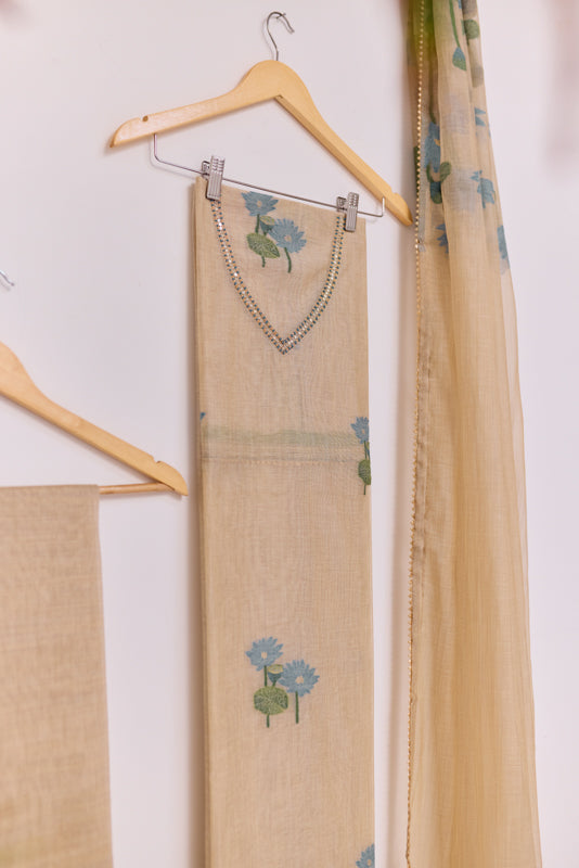 Jamdani Weaving Resham and Sequin Neck Unstitched Suit Set