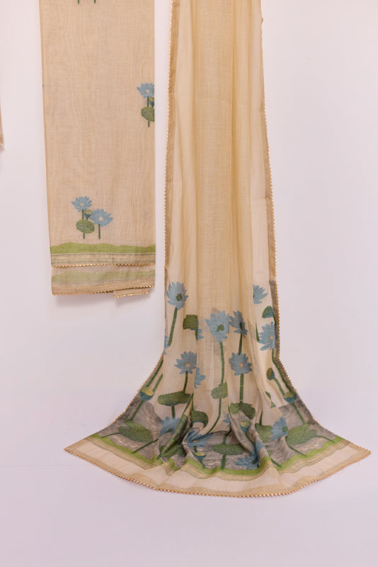 Jamdani Weaving Resham and Sequin Neck Unstitched Suit Set