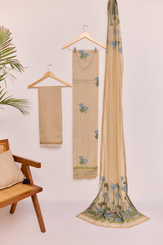 Jamdani Weaving Resham and Sequin Neck Unstitched Suit Set