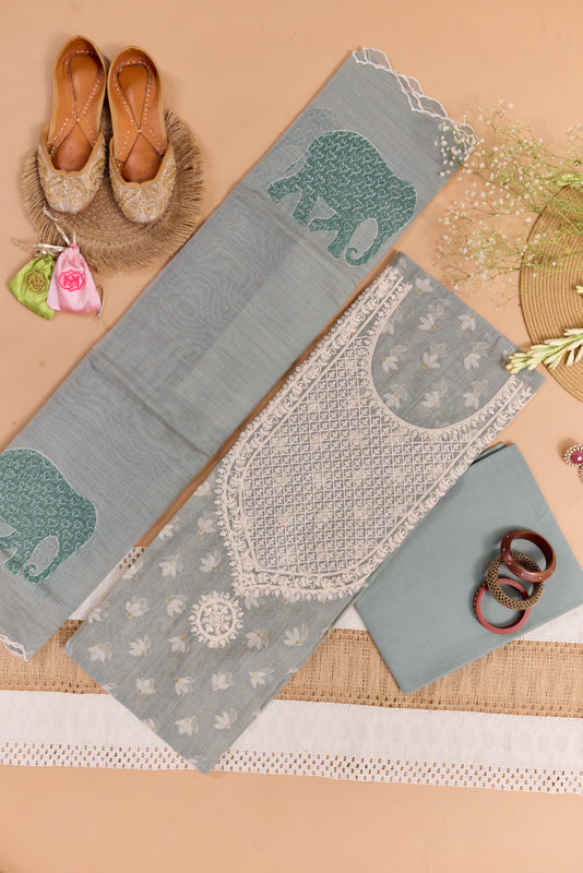Jamdani Weaving Tikki Embroidered Yoke Unstitched Suit Set