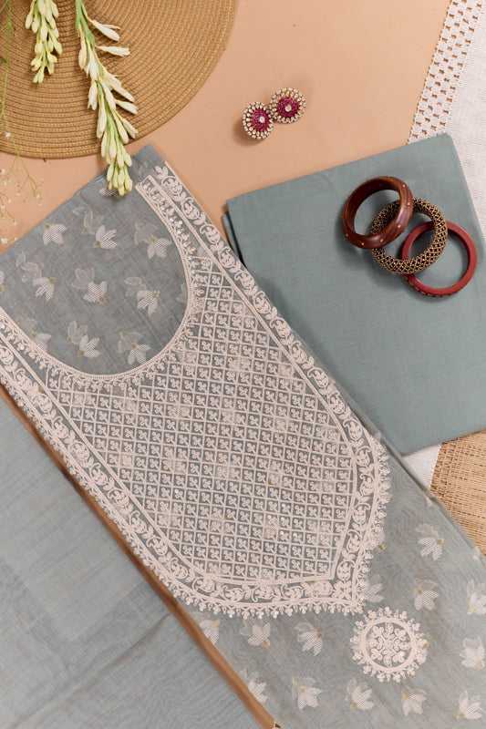 Jamdani Weaving Tikki Embroidered Yoke Unstitched Suit Set