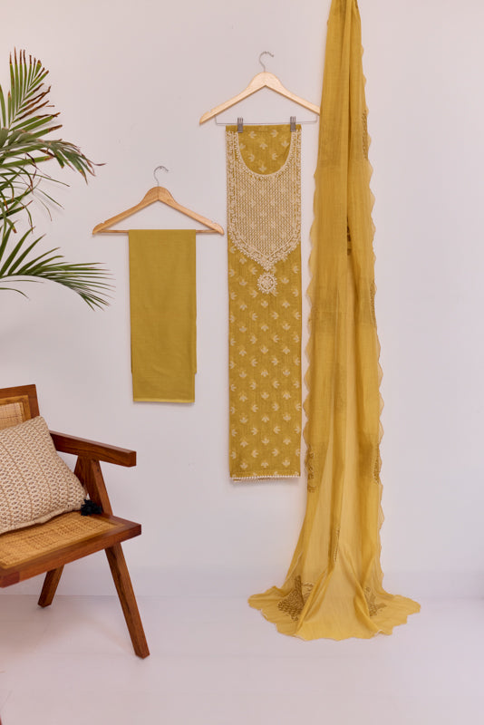 Jamdani Weaving Tikki Embroidered Yoke Unstitched Suit Set