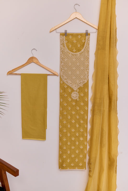 Jamdani Weaving Tikki Embroidered Yoke Unstitched Suit Set