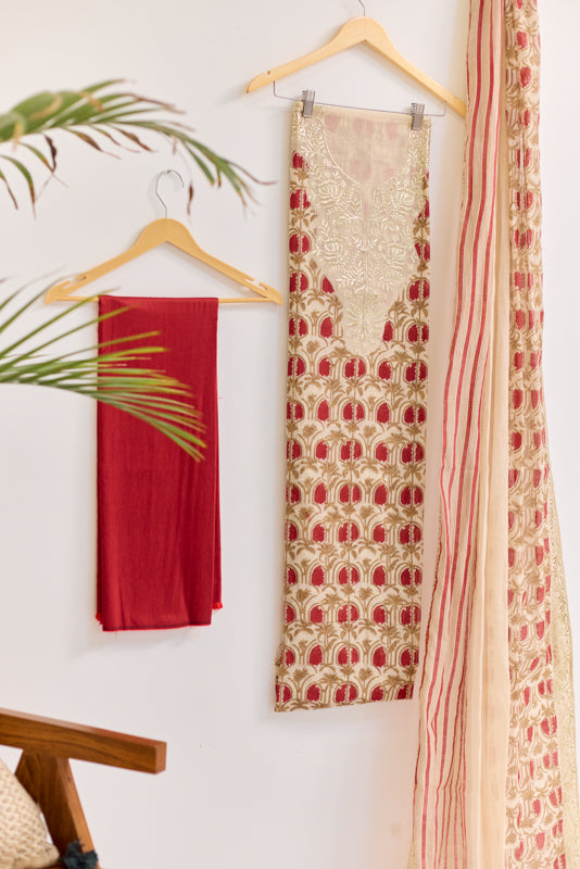 Block Print Foil Embroidery Unstitched Suit Set