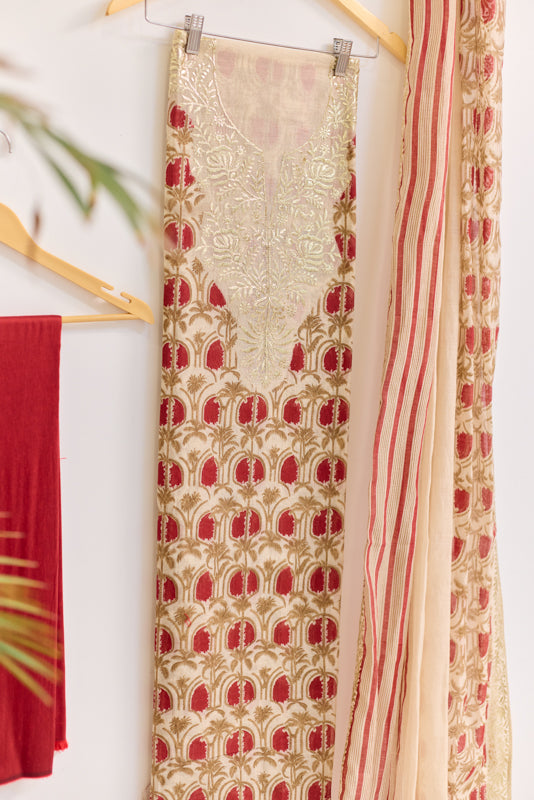 Block Print Foil Embroidery Unstitched Suit Set