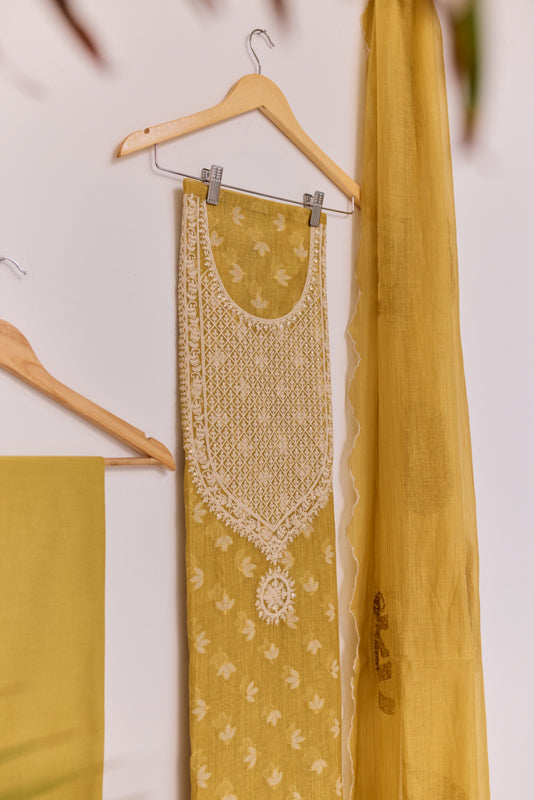Jamdani Weaving Tikki Embroidered Yoke Unstitched Suit Set