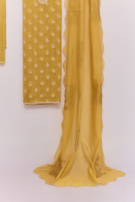 Jamdani Weaving Tikki Embroidered Yoke Unstitched Suit Set
