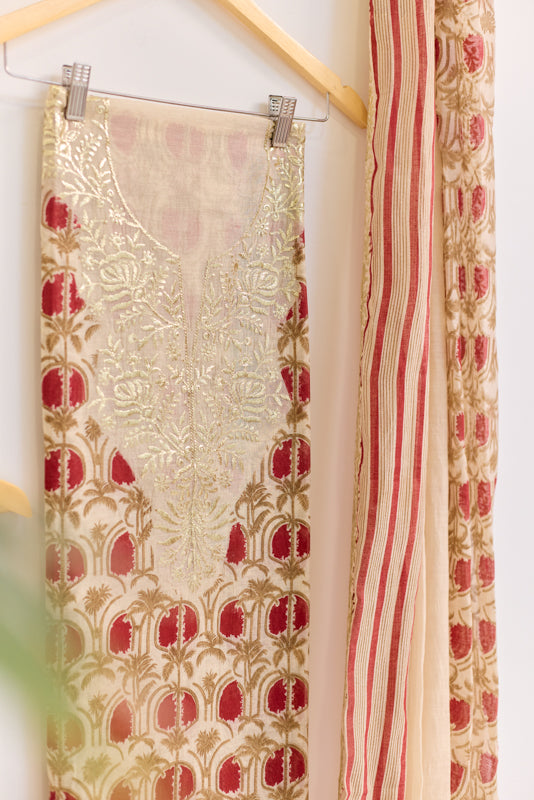 Block Print Foil Embroidery Unstitched Suit Set