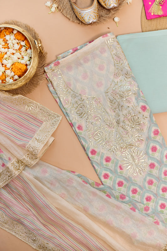 Block Print Foil Embroidery Unstitched Suit Set
