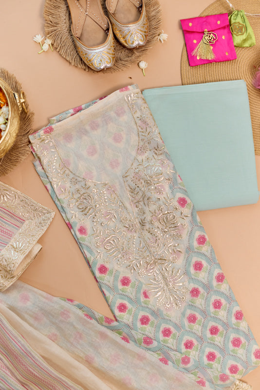 Block Print Foil Embroidery Unstitched Suit Set