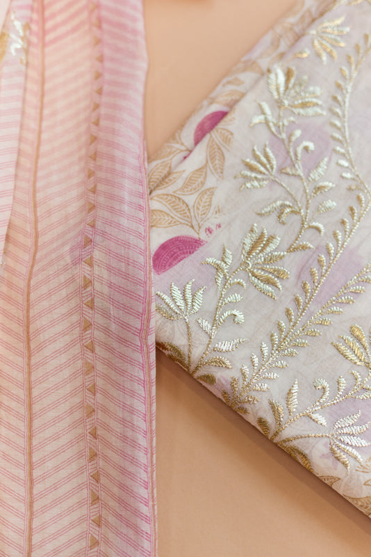 Block Print Foil Embroidery Unstitched Suit Set