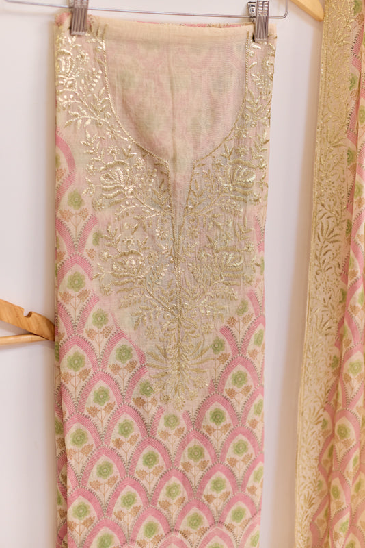 Block Print Foil Embroidery Unstitched Suit Set