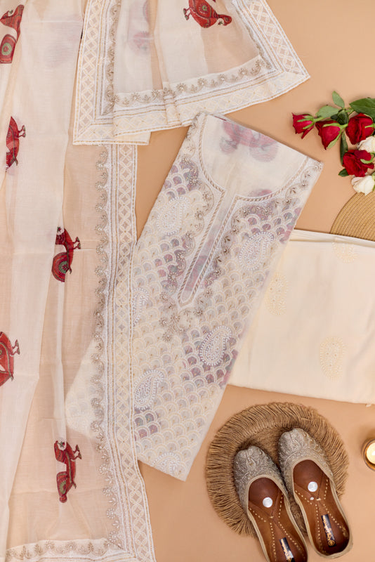 All Over Block Print Lucknowi Embroidery Unstitched Suit Set