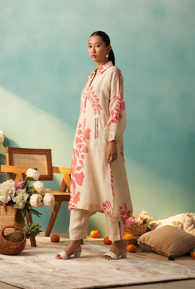 Off White And Coral Printed Long Noah Kurta Set