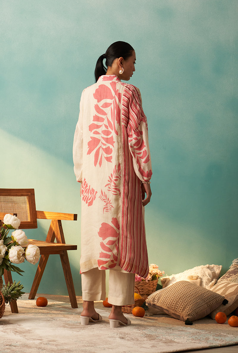 Off White And Coral Printed Long Noah Kurta Set