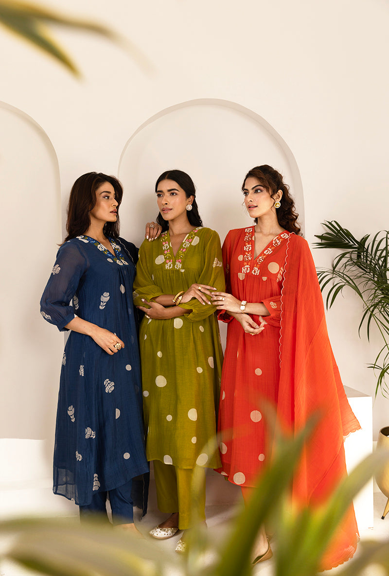 Orange Polka  Hand Block Print Ruhi Kurta Set