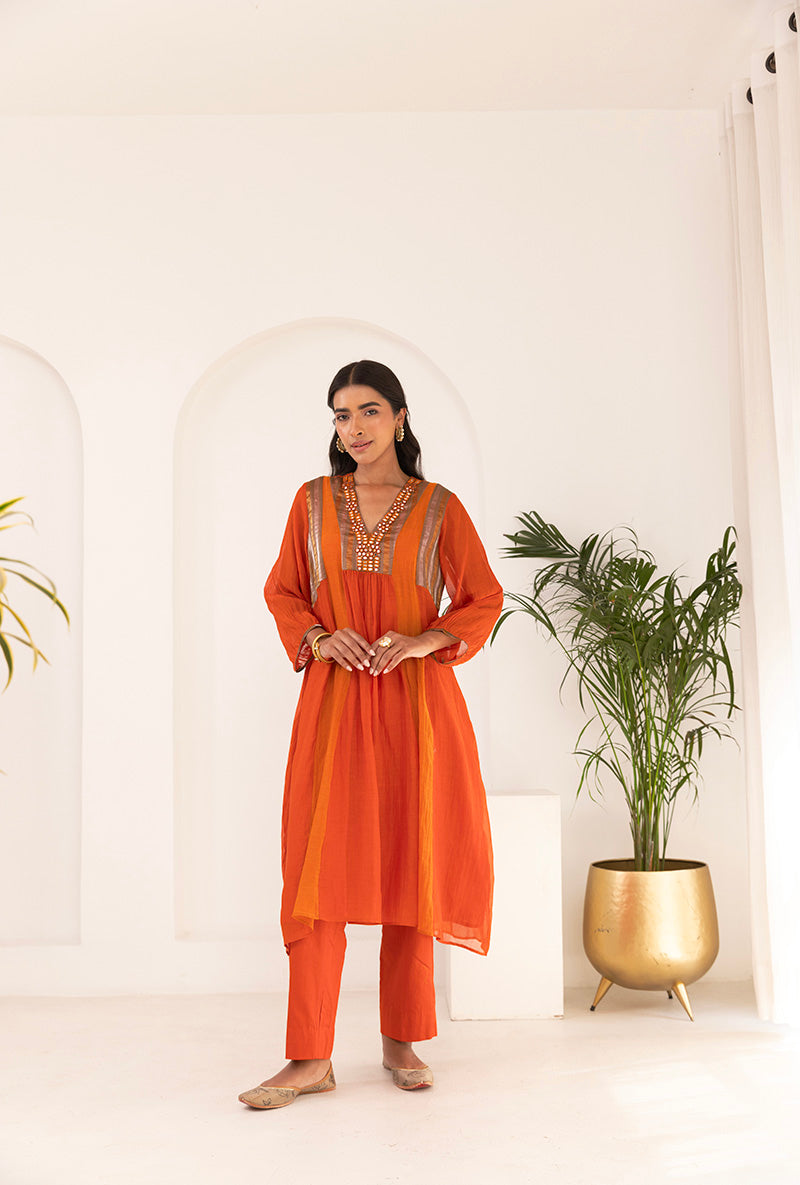 Orange V Neck Mirror Ruhi Kurta Set